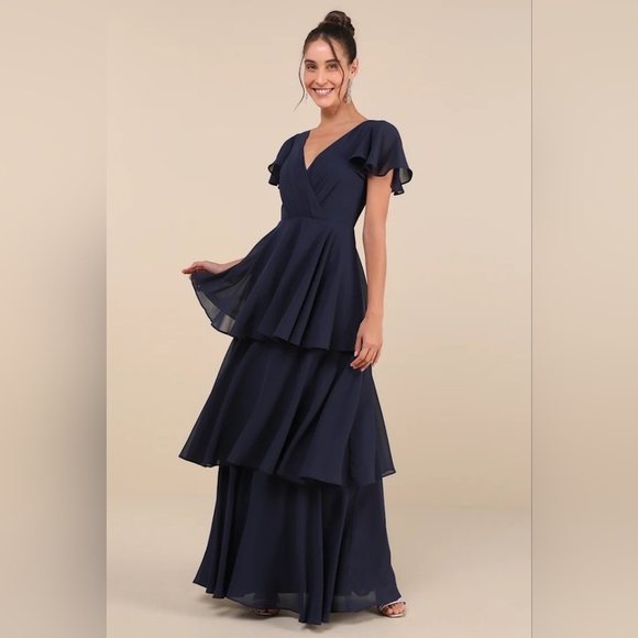 Lulus Sincerely Exquisite Navy Blue Short Sleeve Tiered Maxi Dress S Wedding - Picture 2 of 9